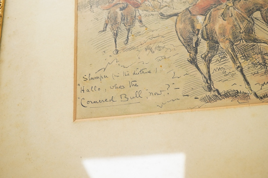 George Finch Mason (1850-1915), ‘Hallo, who’s the cornered bull now?’ and one other, each signed and inscribed in ink, pair of ink and watercolours, 15 x 22cm